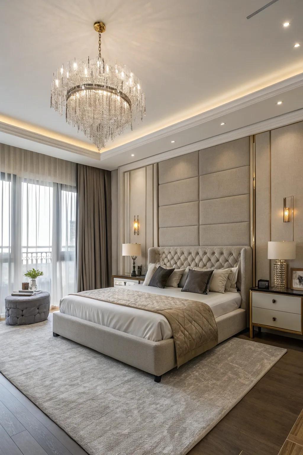 A modern bedroom featuring streamlined furniture and an elegant hanging light.