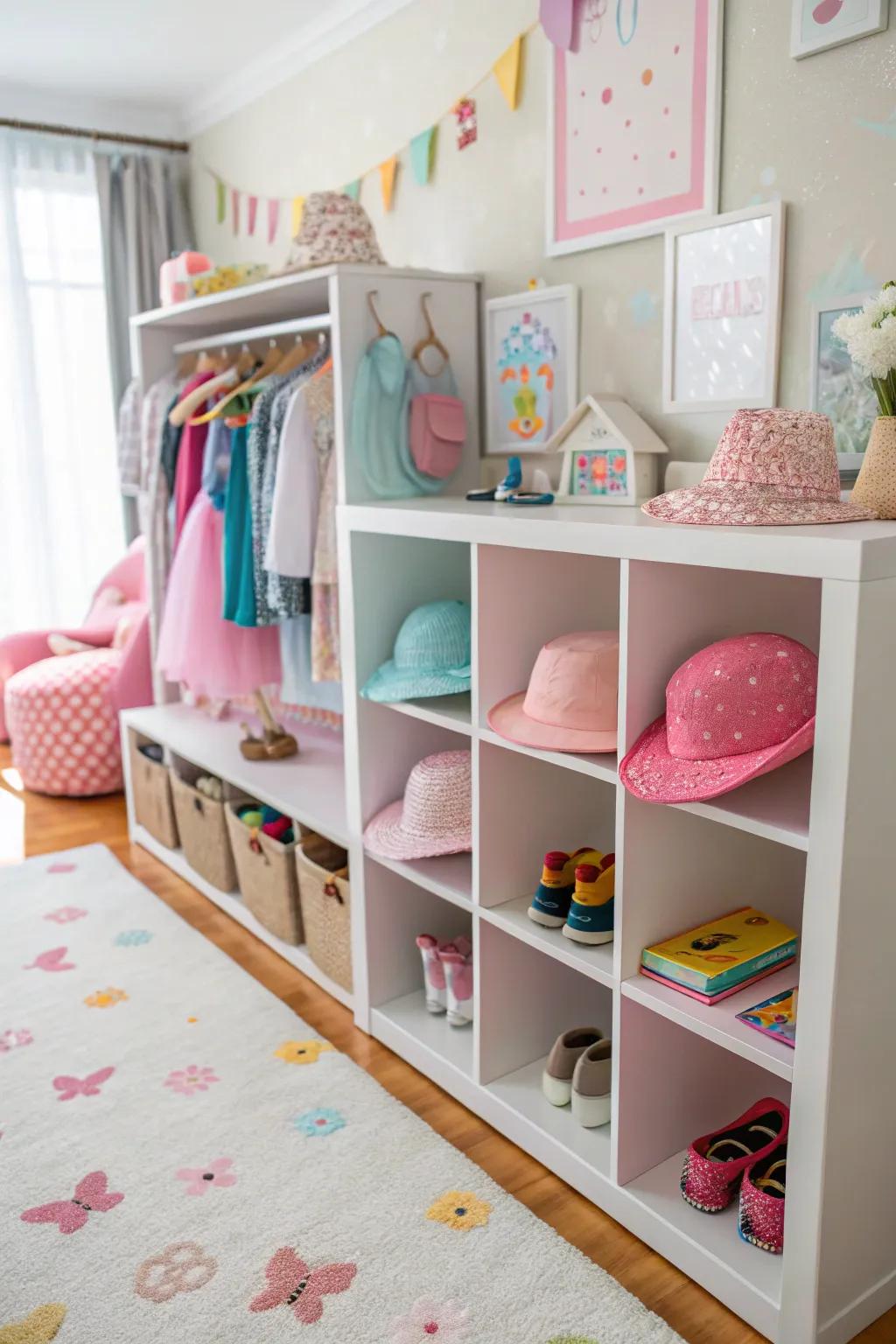 Organized shelves make storing accessories simple.