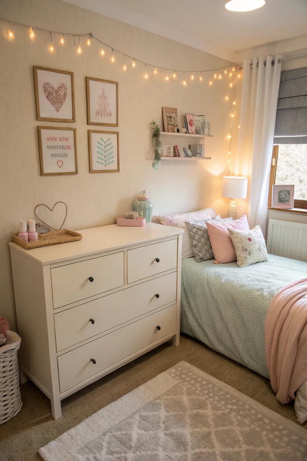 A brightly colored dresser that adds to the light and airy atmosphere of a small bedroom.
