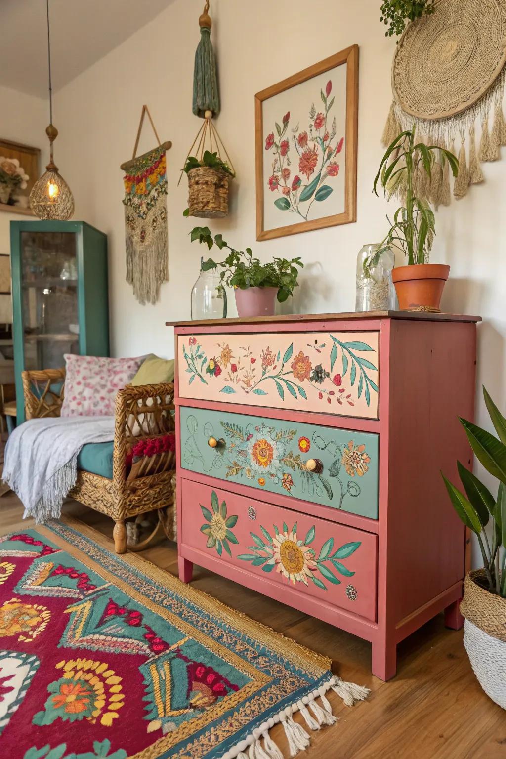 Revamp your space with a Scandinavian-boho dresser transformation where simplicity blends seamlessly with vibrant creativity.