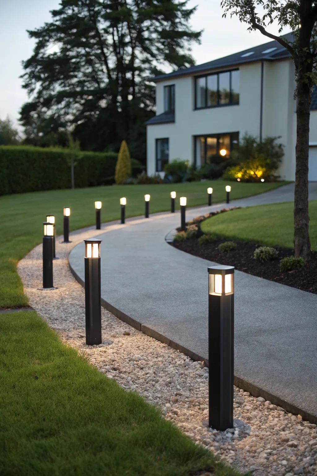 Modern bollard lights adding a chic touch to the driveway.