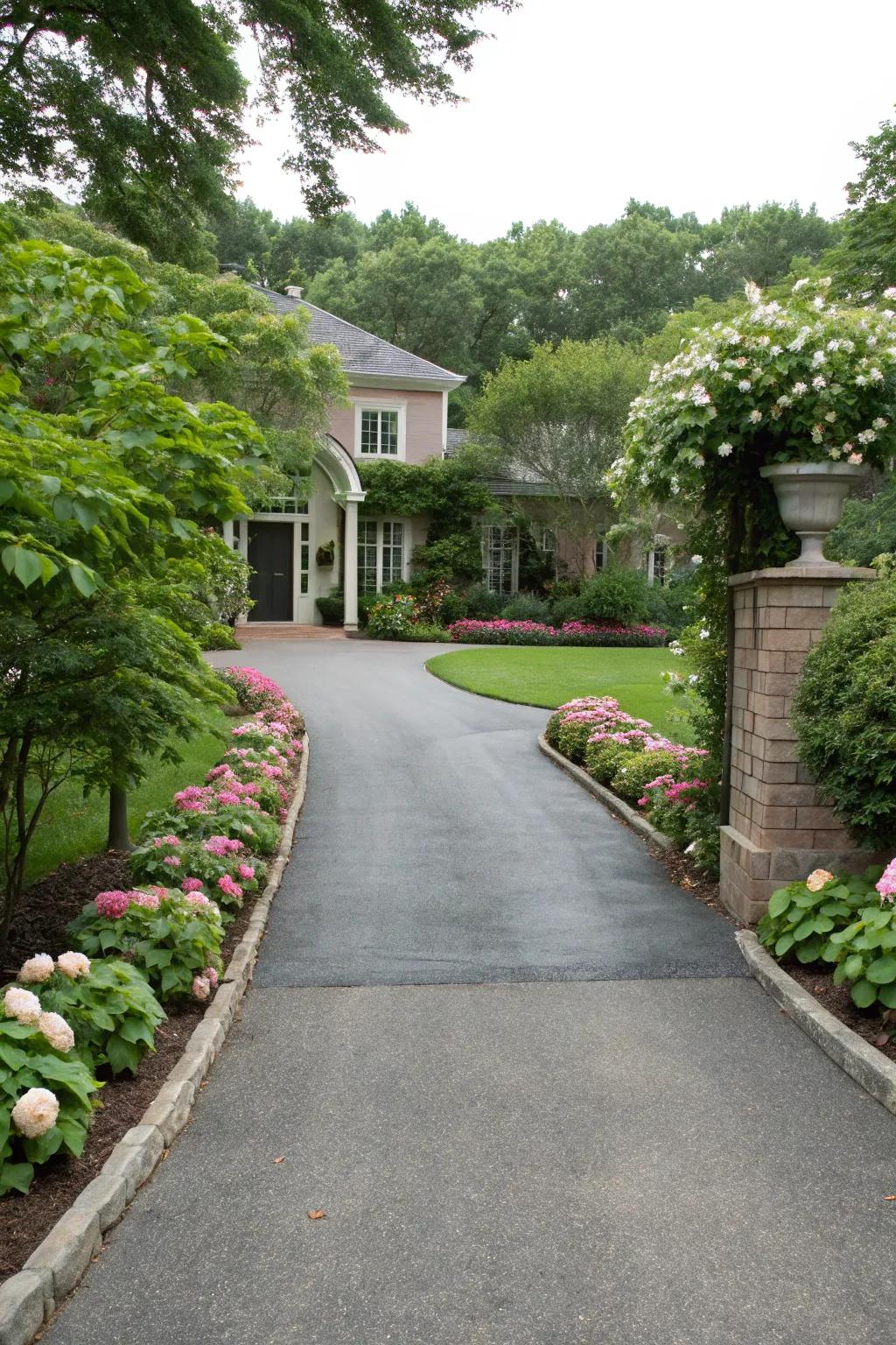 Driveway bordered with vibrant greenery and flower beds.