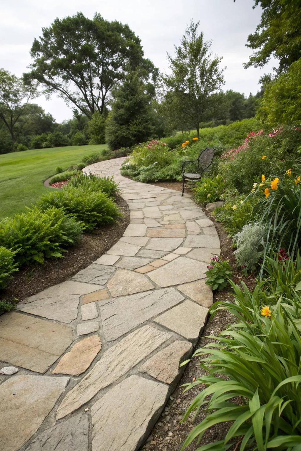 A curving flagstone route exuding captivating natural allure.