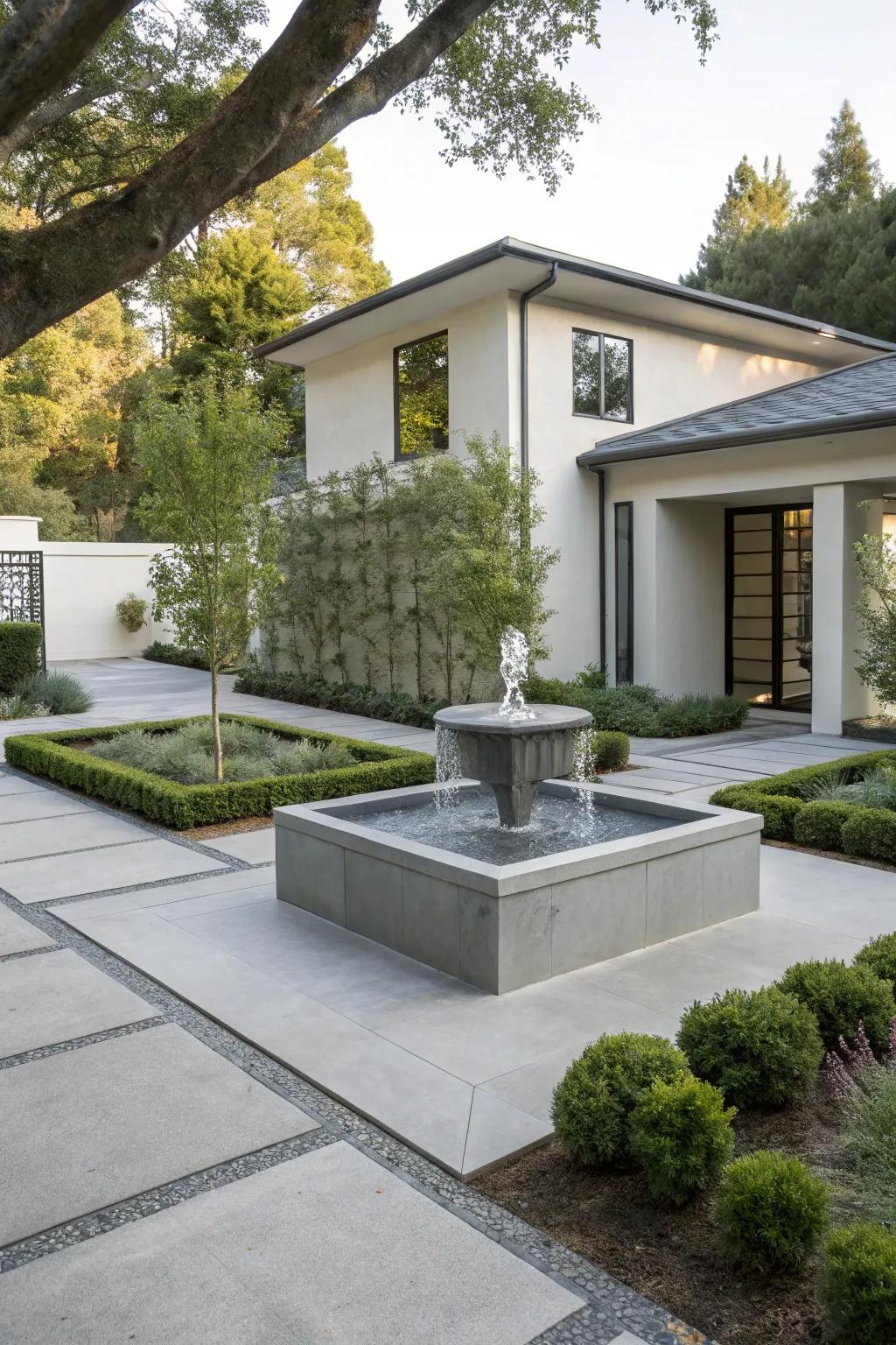 A modern geometric fountain injects a contemporary vibe.