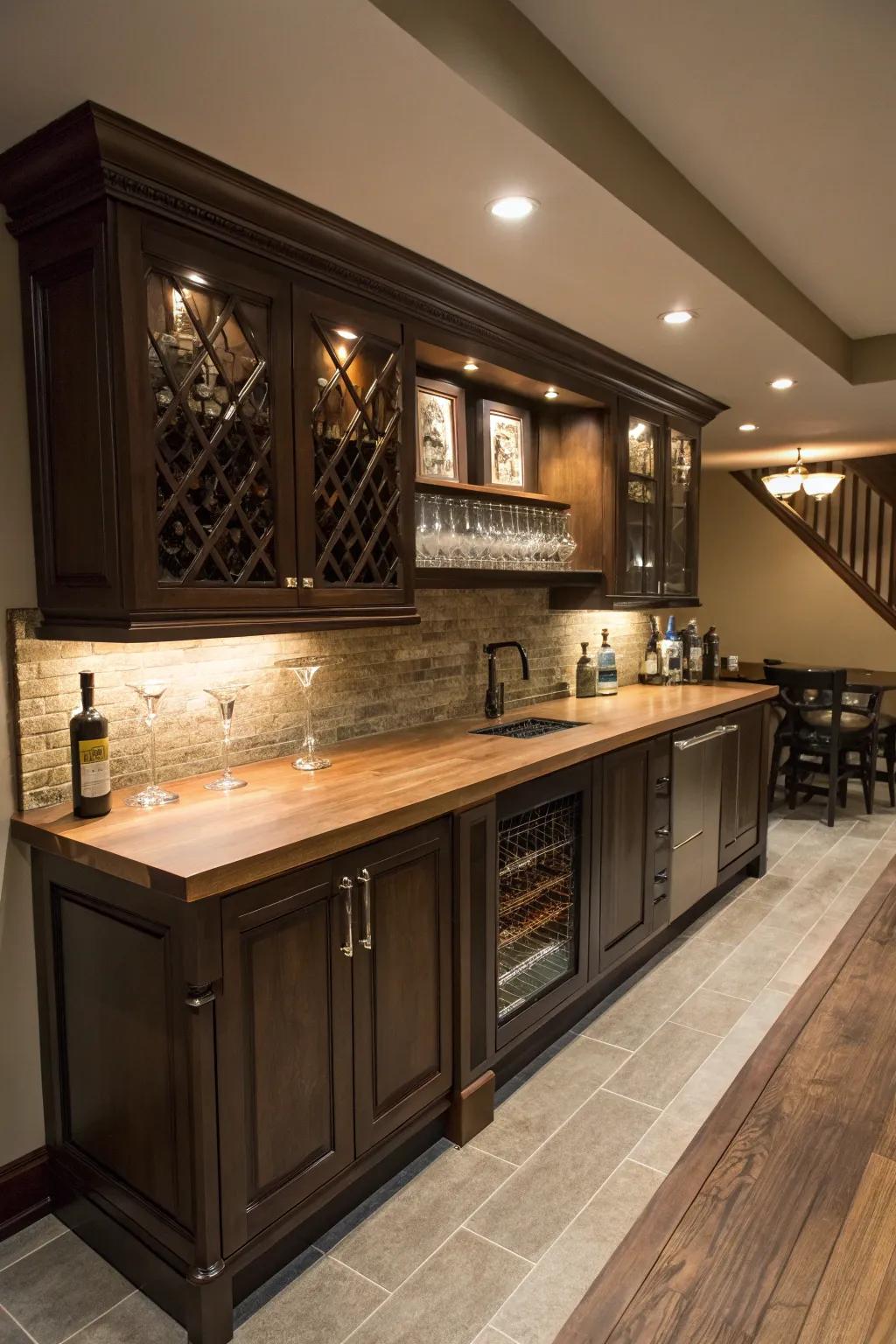 A wooden countertop introduces warmth and sophistication.