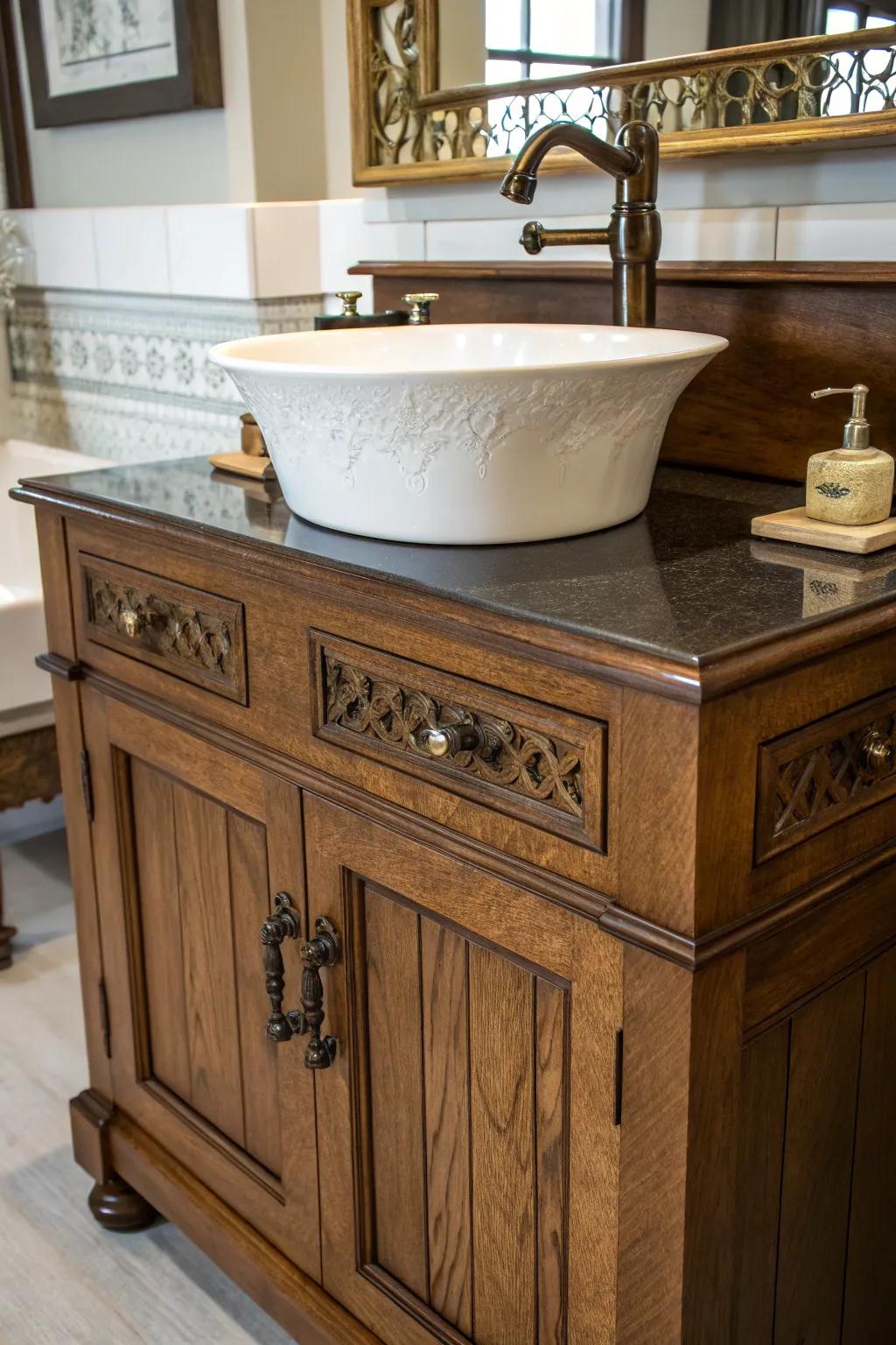 Contemporary hardware introduces a modern impression to a vintage utility basin.