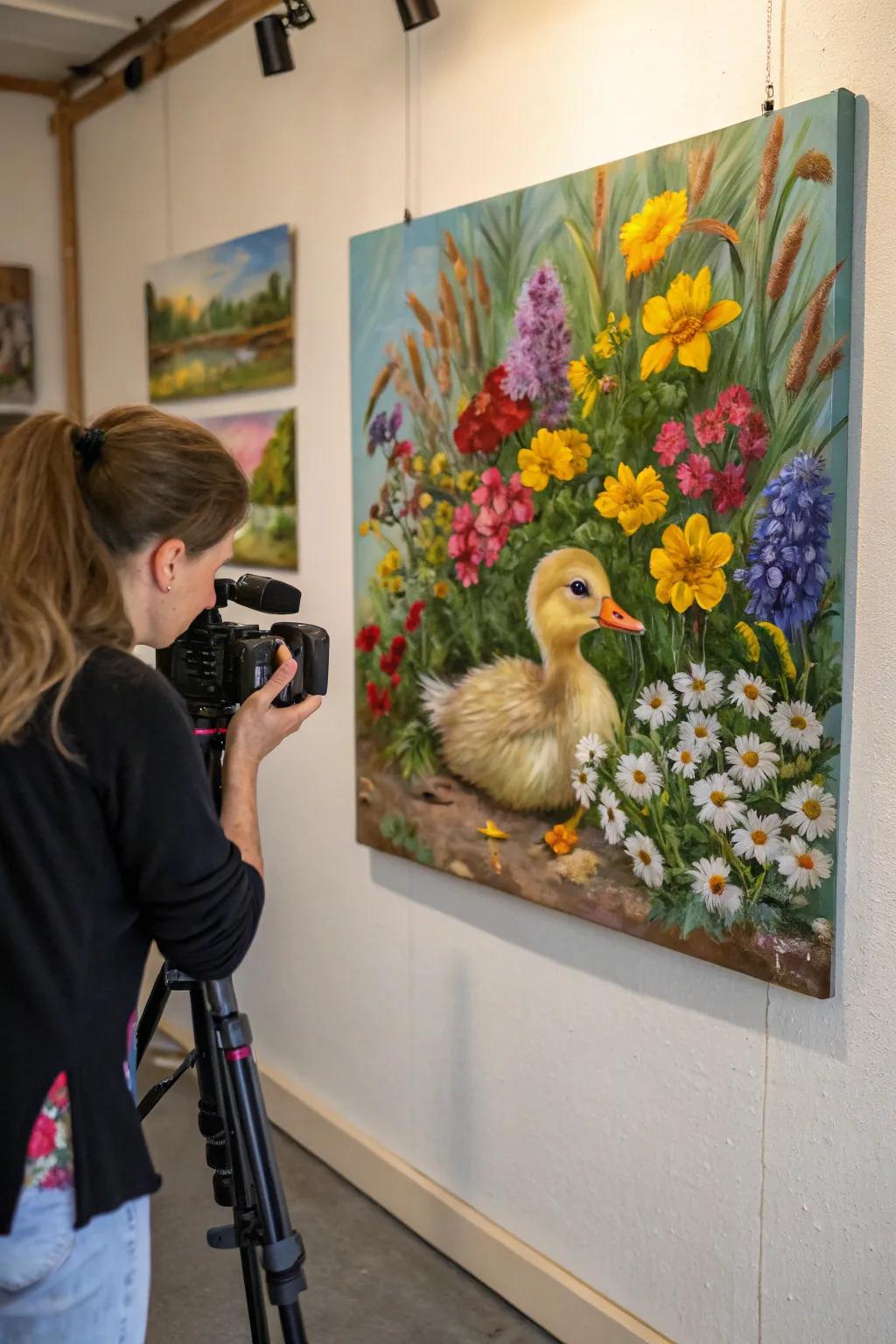 A duckling amongst blossoms art piece brings springtime indoors.