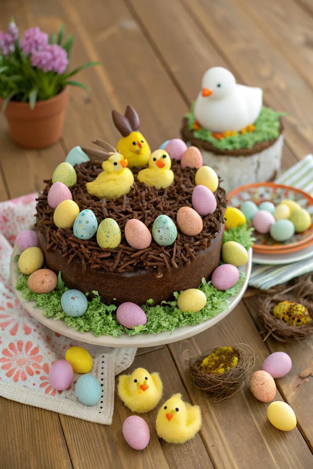 Chocolate bunnies create a whimsical Easter wonderland on this cake.