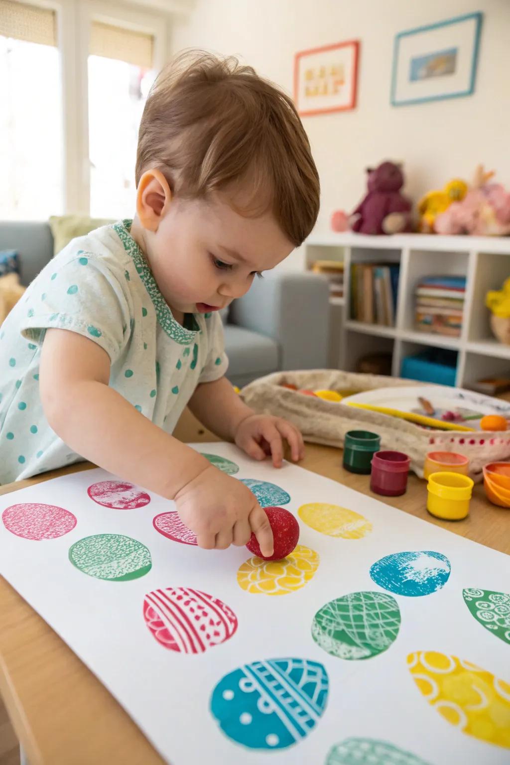 A toddler's creative moment with DIY Easter egg stamps.