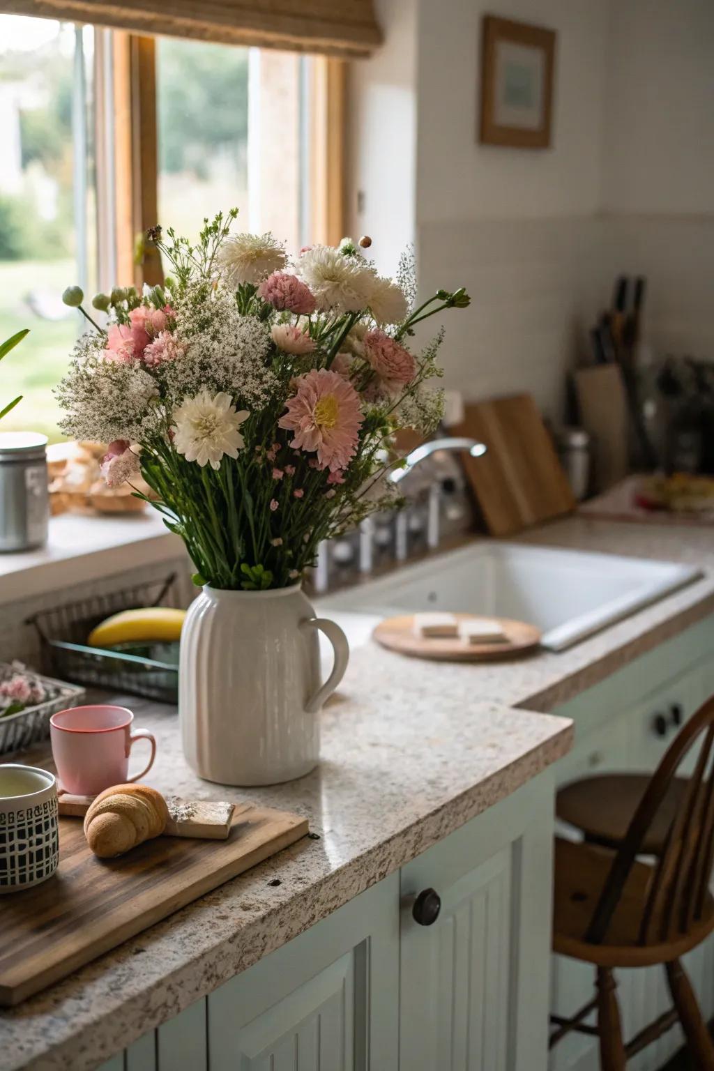 An eye-catching floral arrangement in soft tones perks up the kitchen.