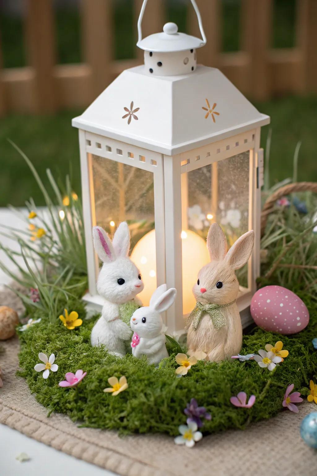 An enchanting rabbit scene snuggled inside a lamp.