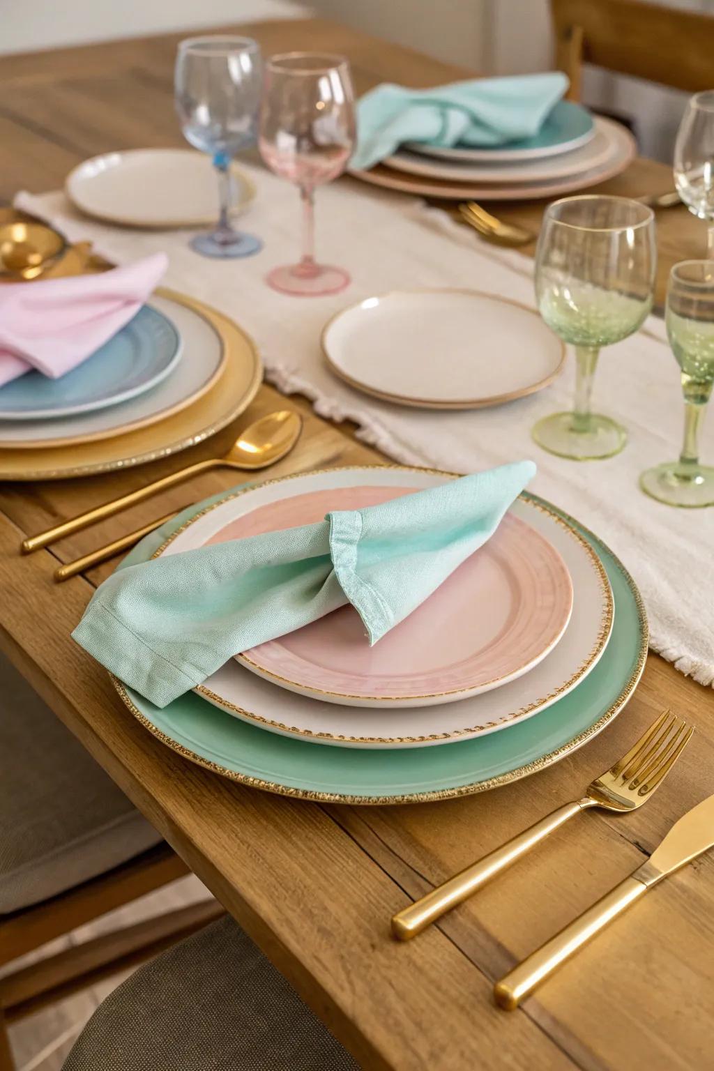 Pastel tableware adds a touch of elegance to the Easter celebration.