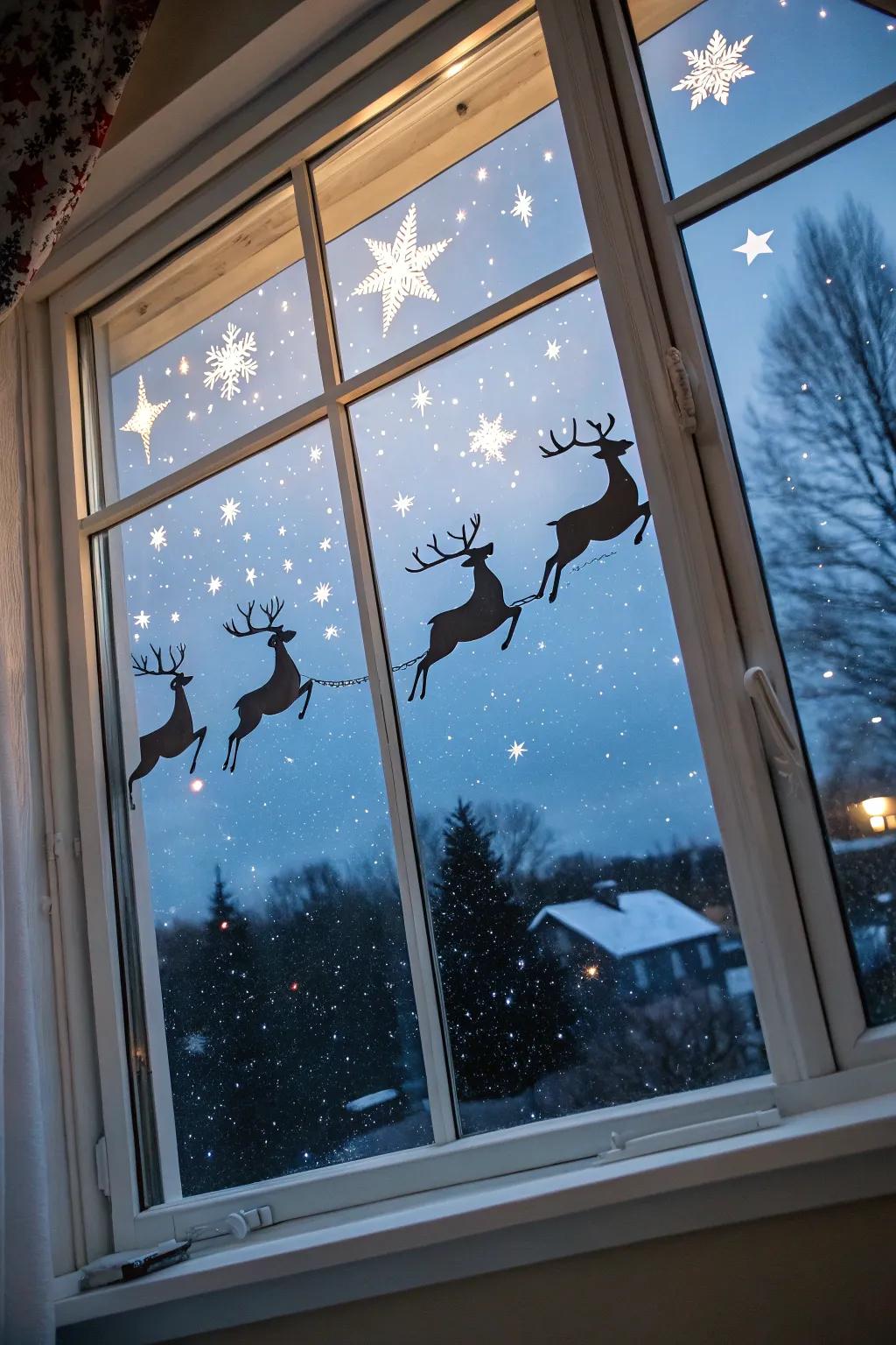 Deer soaring through the nighttime sky, conveying Yuletide joy