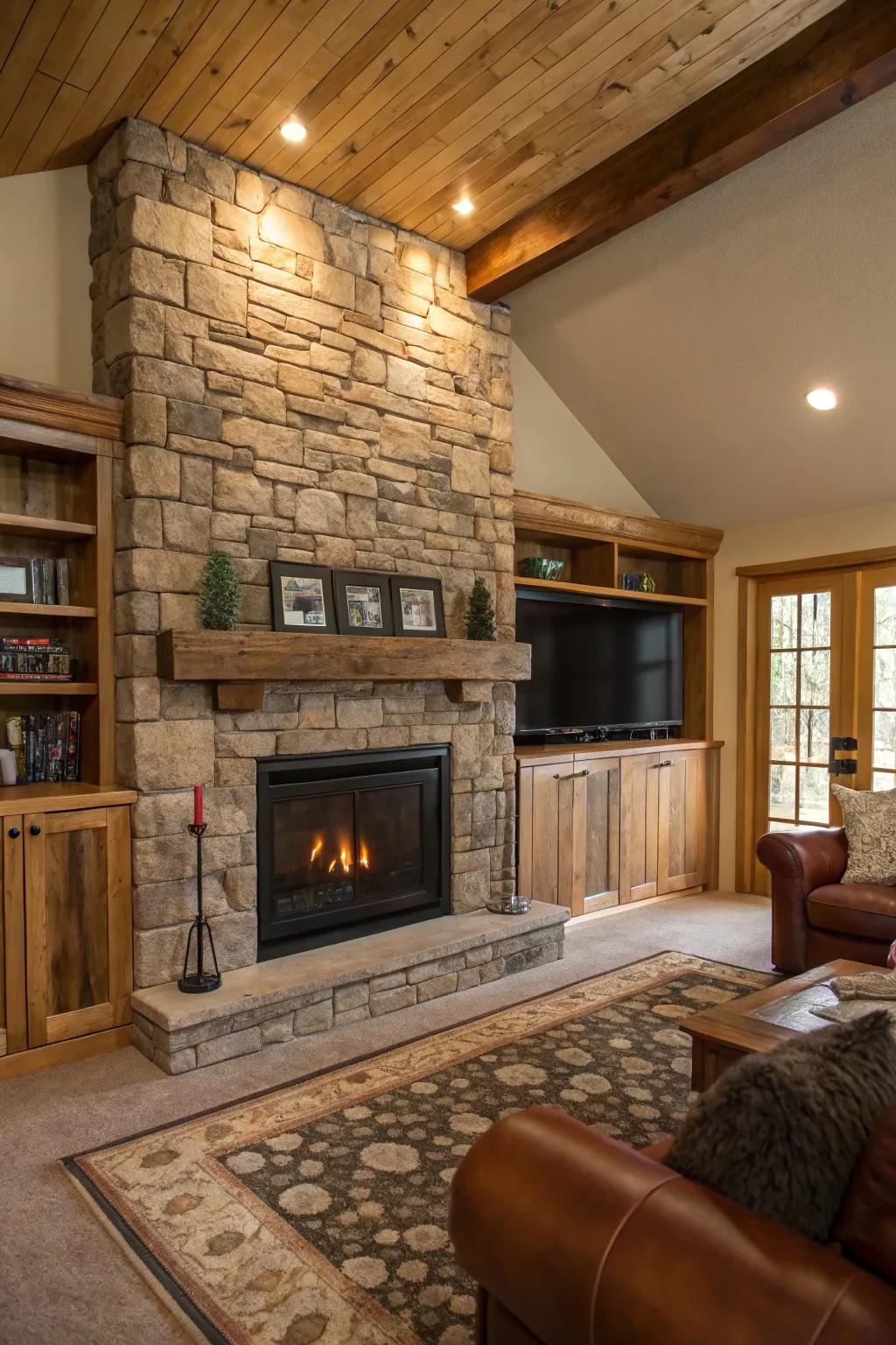A country-style living room featuring a stone-dressed electric fireplace and cozy wood accents.