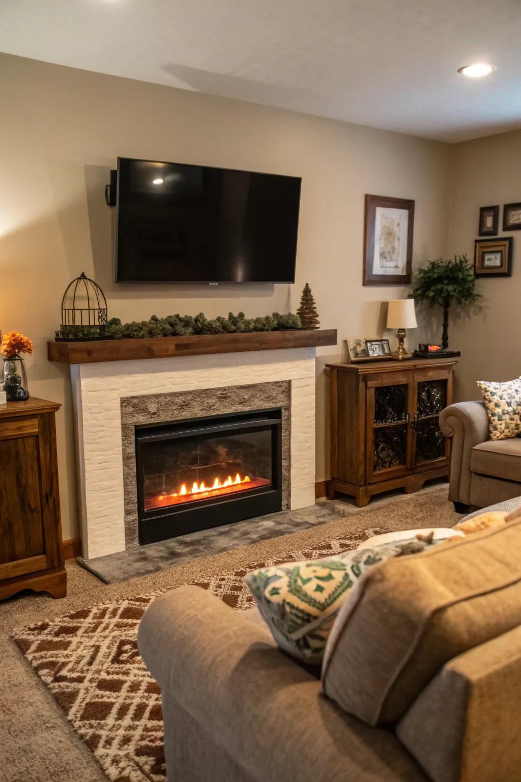 An electric fireplace adds warmth and style under a wall-mounted TV.
