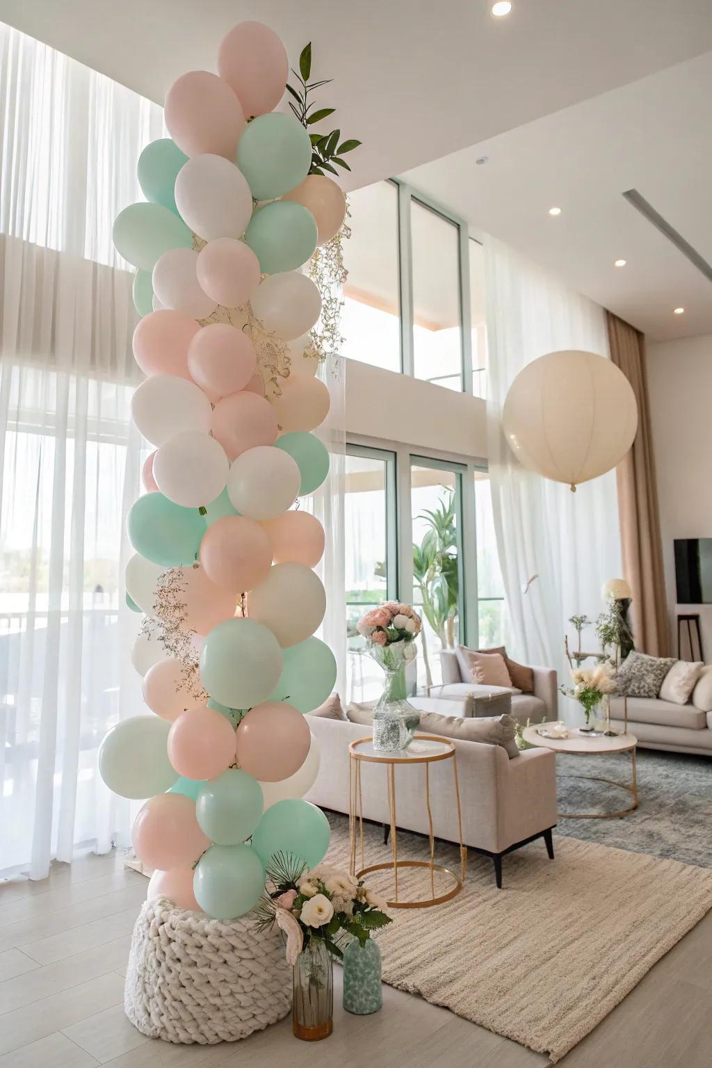 Sophisticated pastel-colored balloon arrangement.