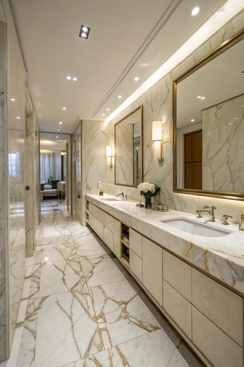 Polished stone finishes inject lasting grace into this sophisticated bathroom.