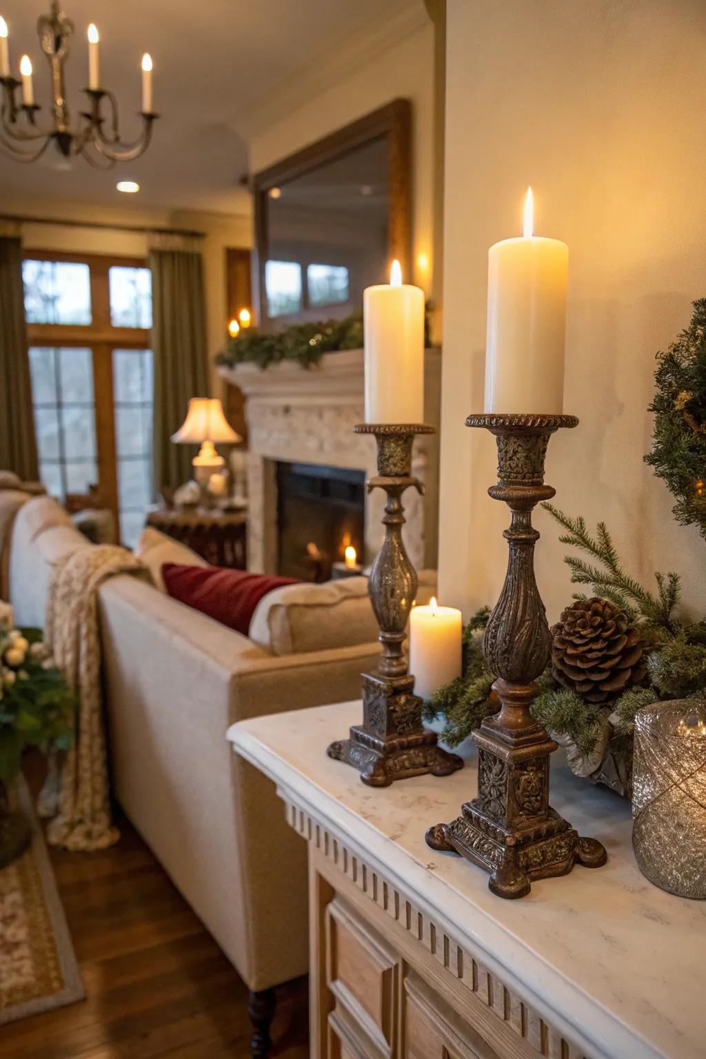 Harmonious candles cast a comforting luminescence and integrate refinement.