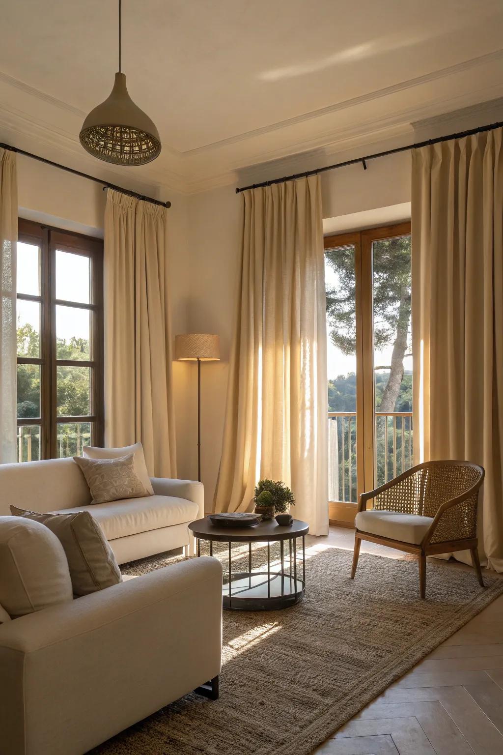 Neutral-toned curtains offer a calm background in a minimalist setup.