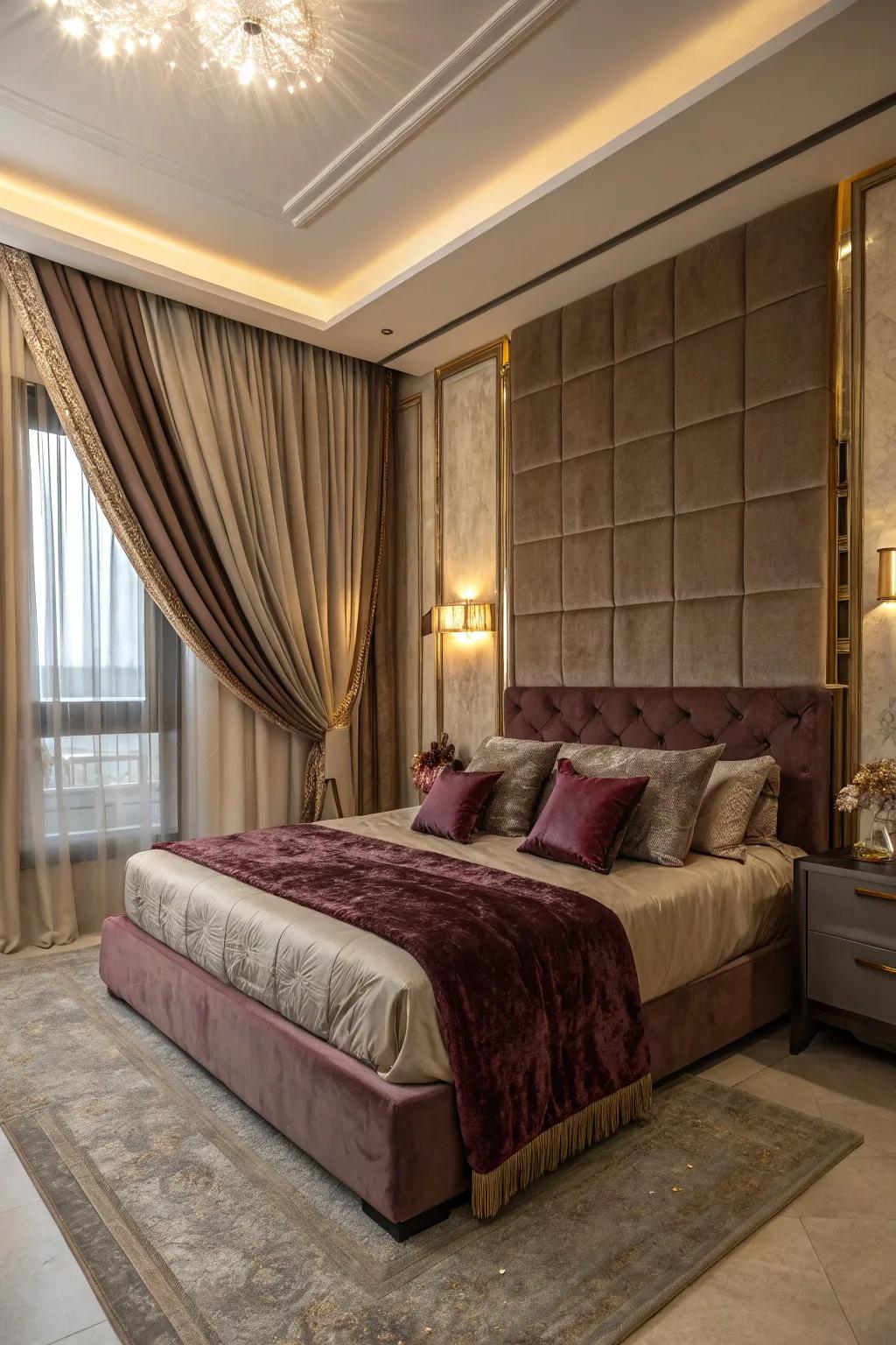 An elegant bedroom showcasing plush velvet cushions and silk drapes.