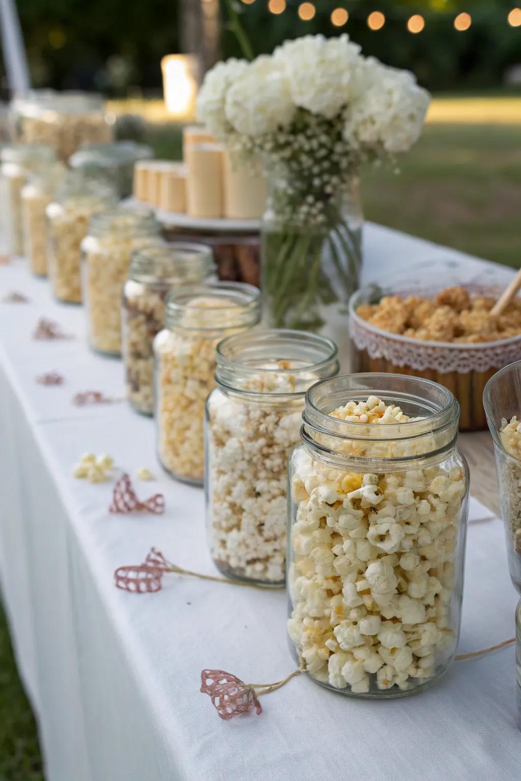 Popcorn arranged in a mix of classic glass jars, enhancing the charm of the wedding setup.