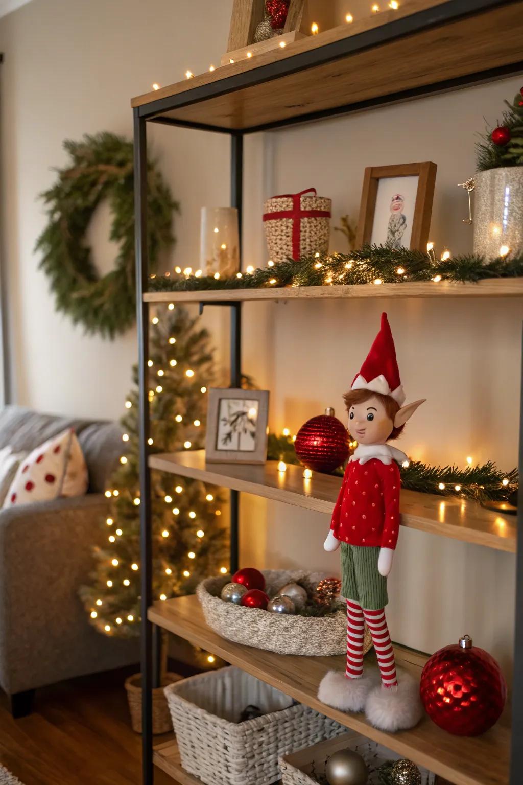 Inject some playfulness with a classic elf on the shelf display.