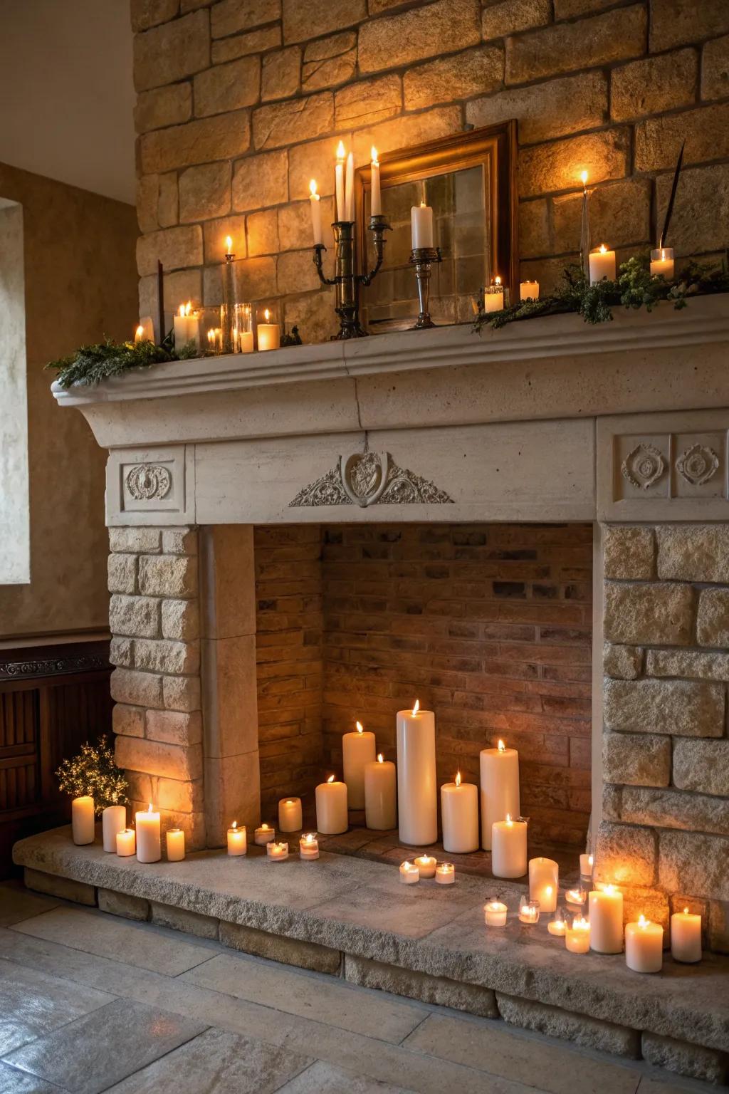 Enjoy a soothing glow by filling your fireplace with candles.