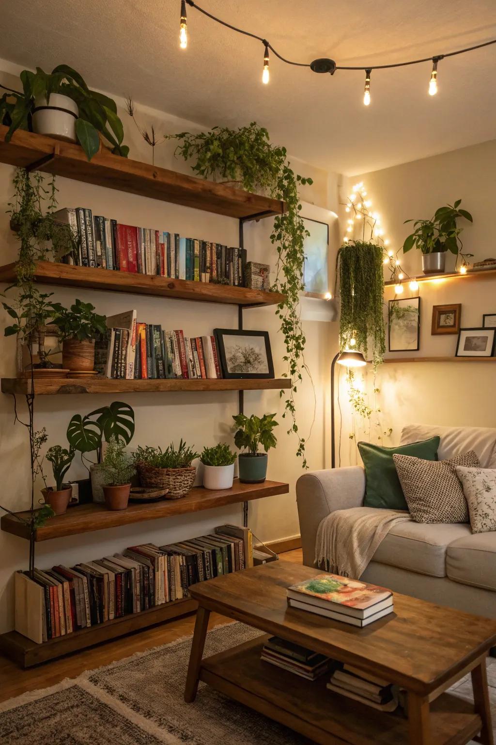 Floating shelves beautifully arranged with books and foliage.