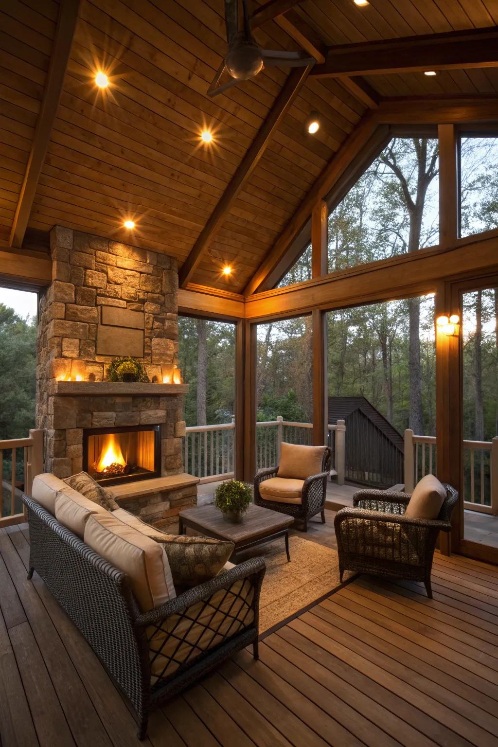 A welcoming fireplace corner within a sheltered deck space.