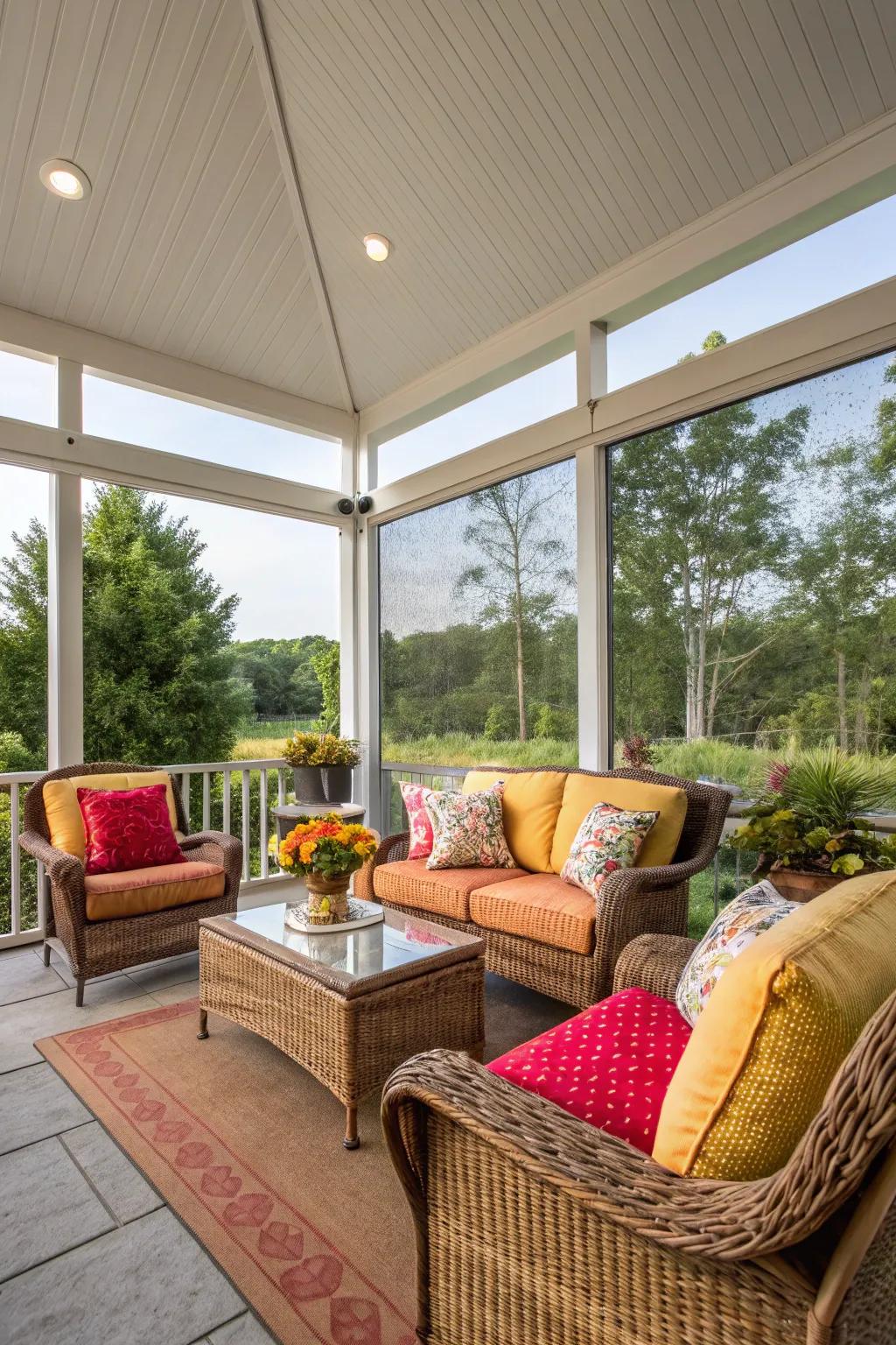 A serene screened-in patio, perfect for relishing nature without the pests.