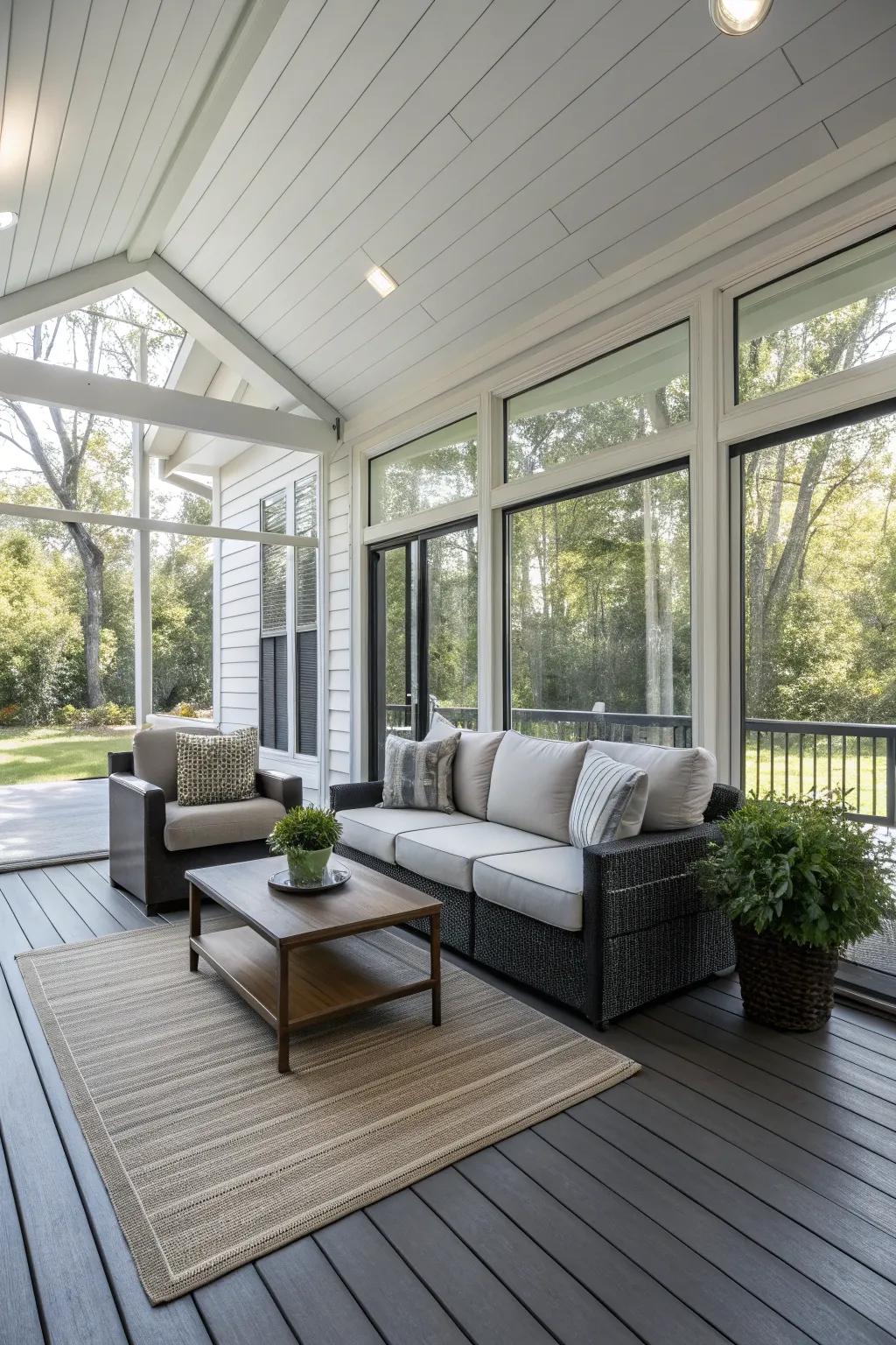 A modern enclosed porch with sleek composite siding.