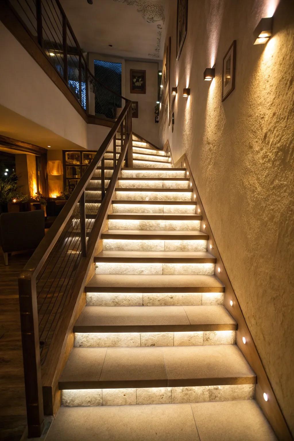 Stairwells gain safety and warmth from accent lighting.