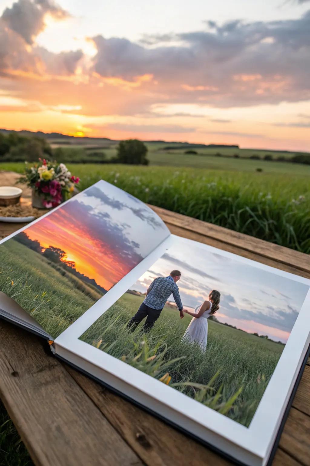 A memory album page showcasing a couple in a tranquil meadow at twilight.