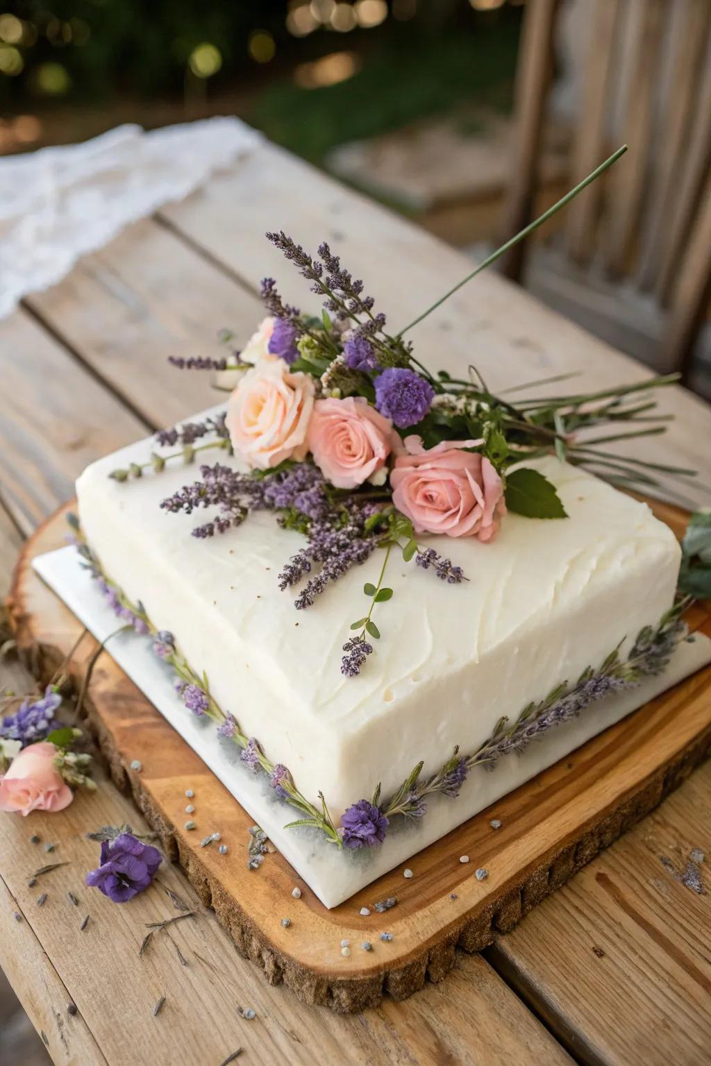 A floral-inspired engagement sheet cake adorned with roses and lavender.