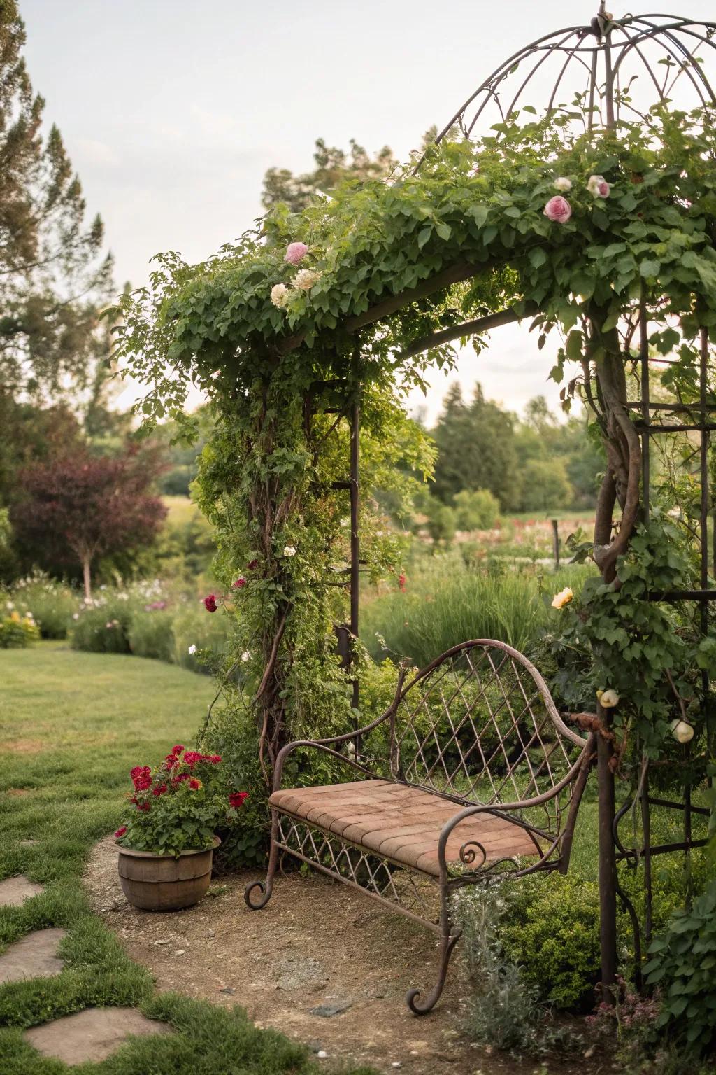 A cozy seating area provides relaxation within the garden.