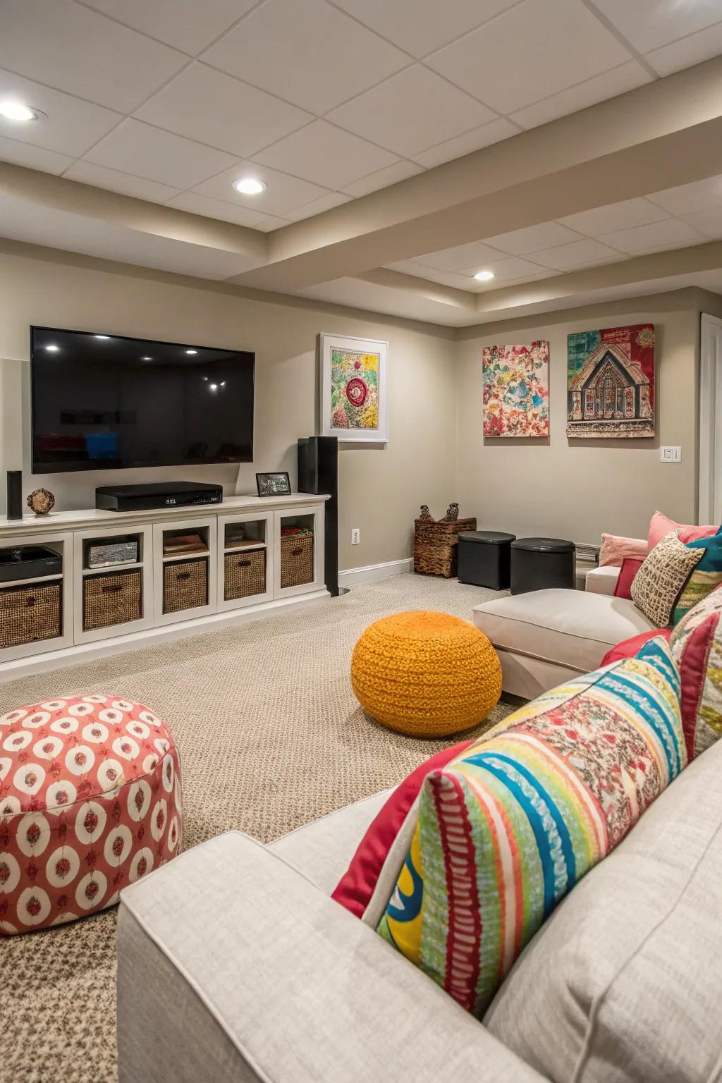 A refined harmony of muted hues with brilliant details in an entertainment setup.