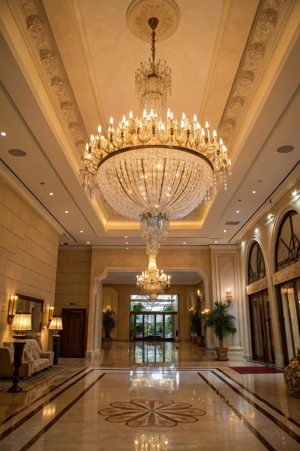 An exquisite chandelier enriches the foyer with drama and class.