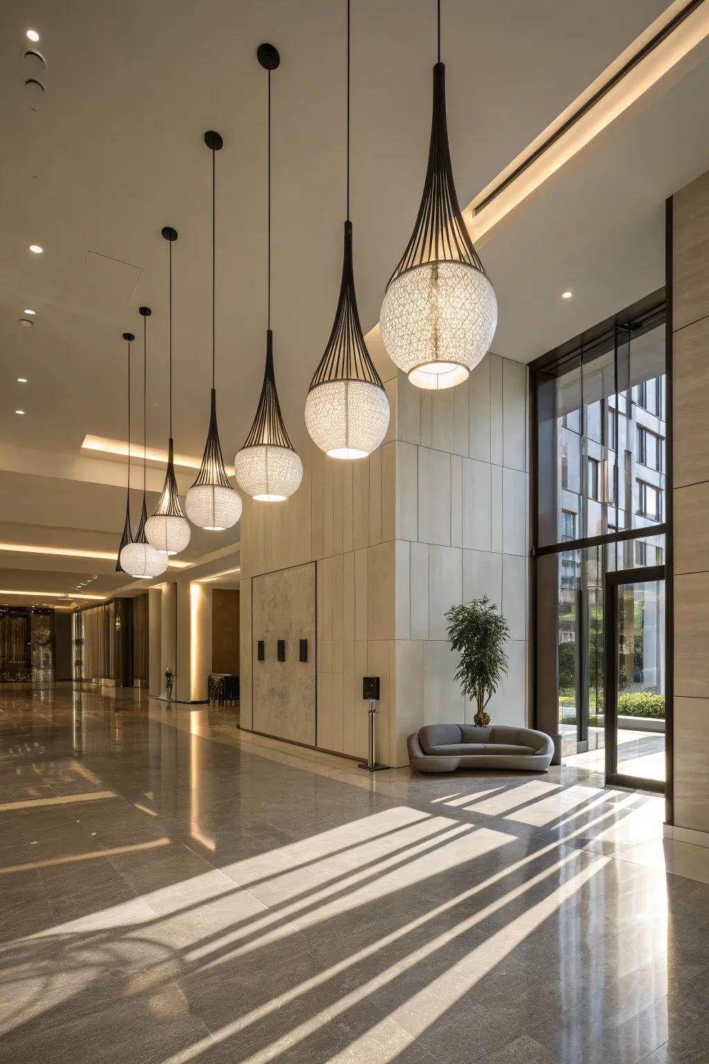Pendant lights introduce a modern vibe to this entryway.