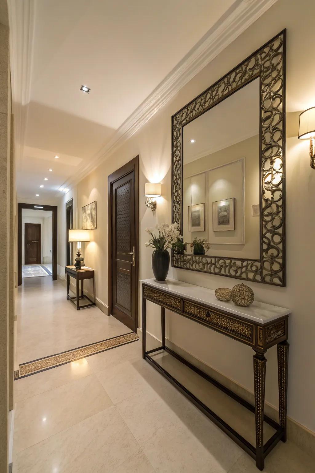 A sizable mirror enhances light and depth in this entryway.