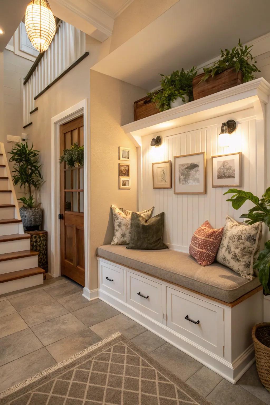 A built-in bench with concealed storage enhances the functionality and comfort of your entryway.