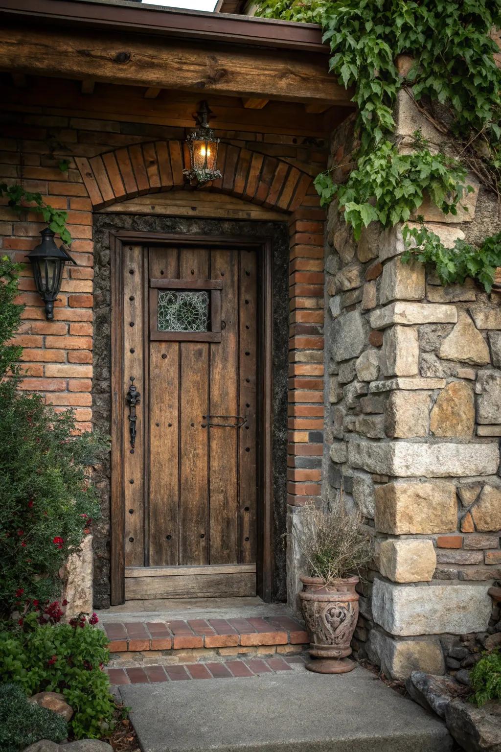 An earthy timber entrance complemented by stony details.