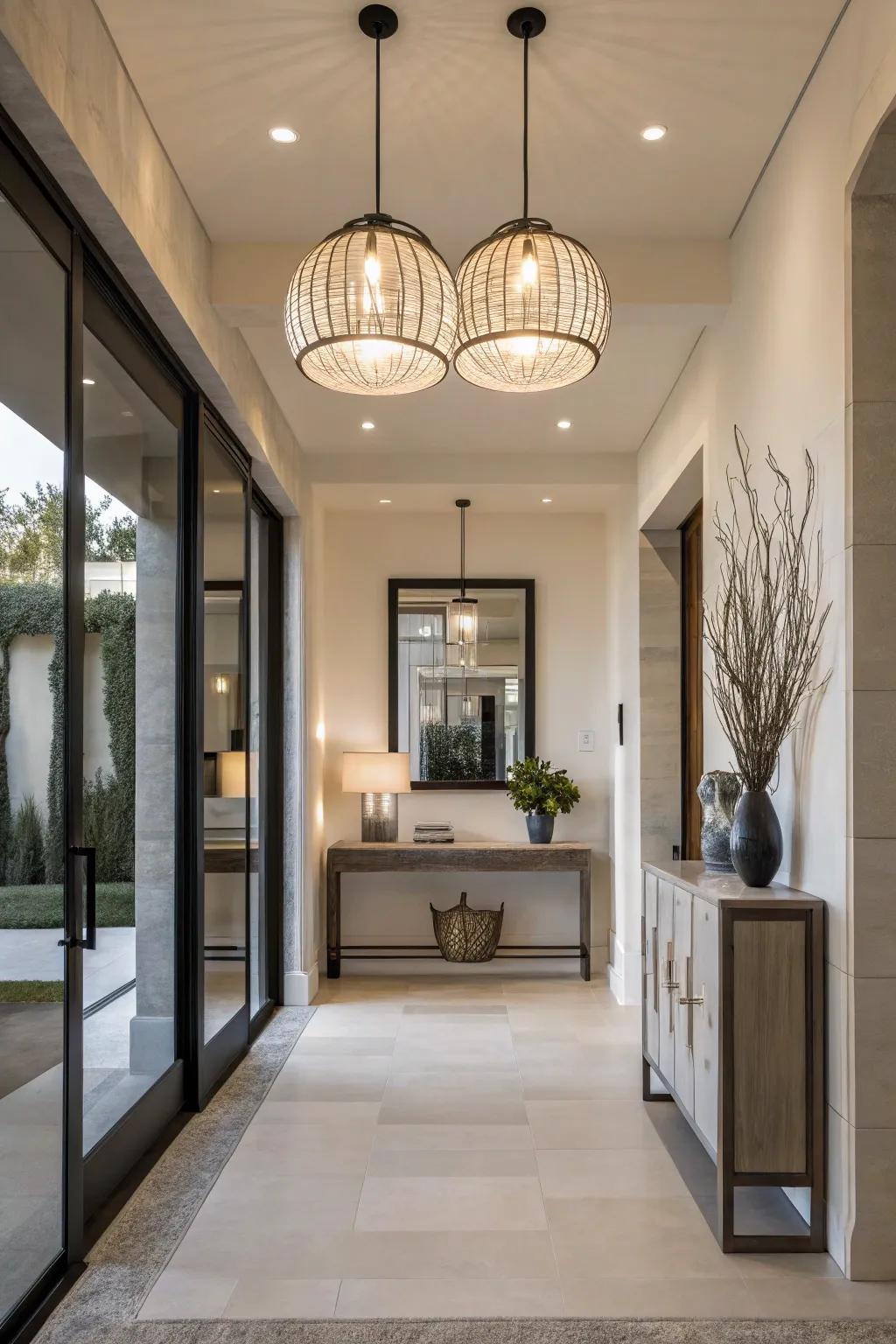 Sleek pendant lights add a modern flair to this chic entryway.