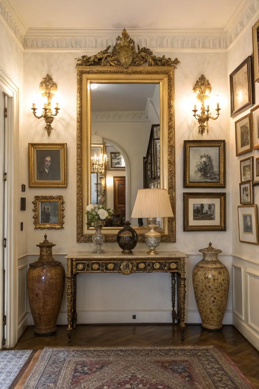 A vintage mirror incorporates beauty and history to a modern entrance.