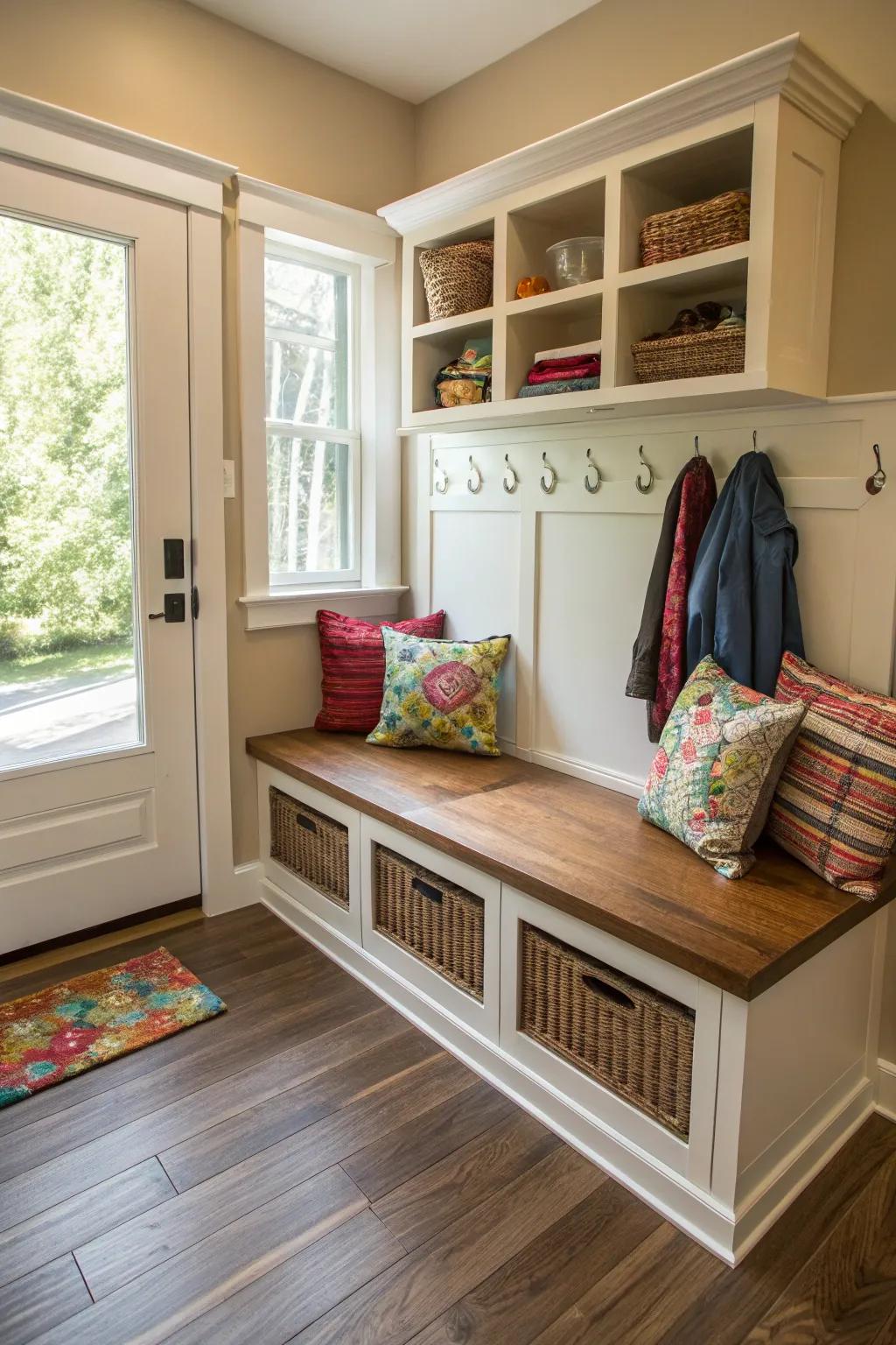 A relaxing seat with stowaway features enhances both usefulness and comfort.