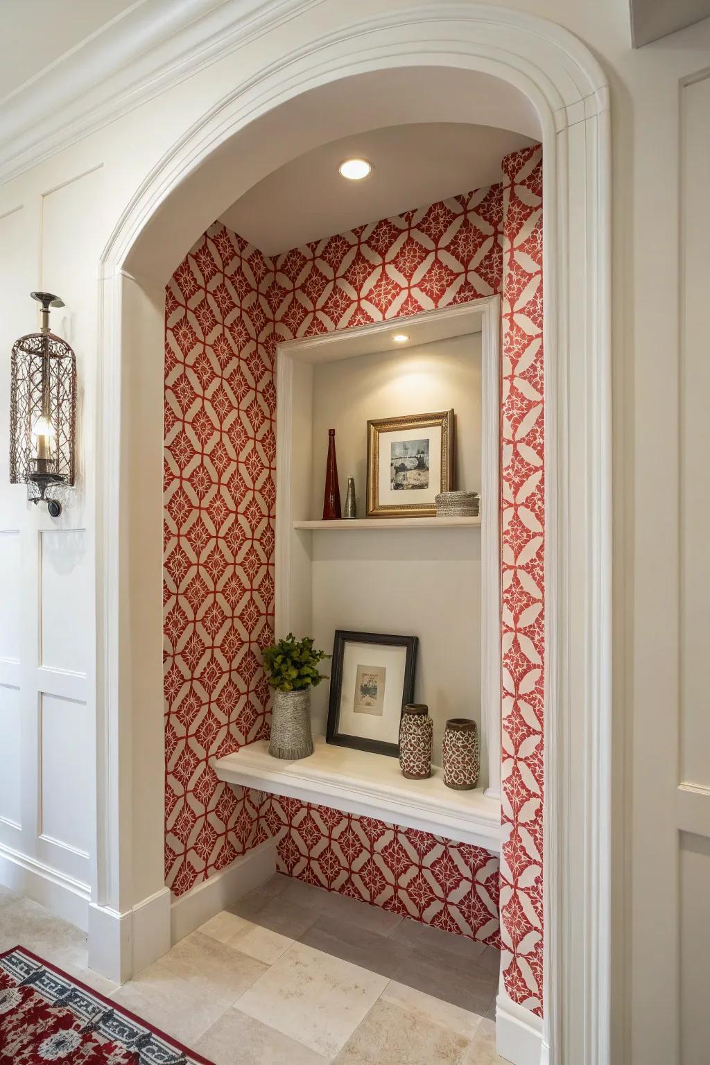 A lively patterned wallpaper breathes energy into this entryway alcove.