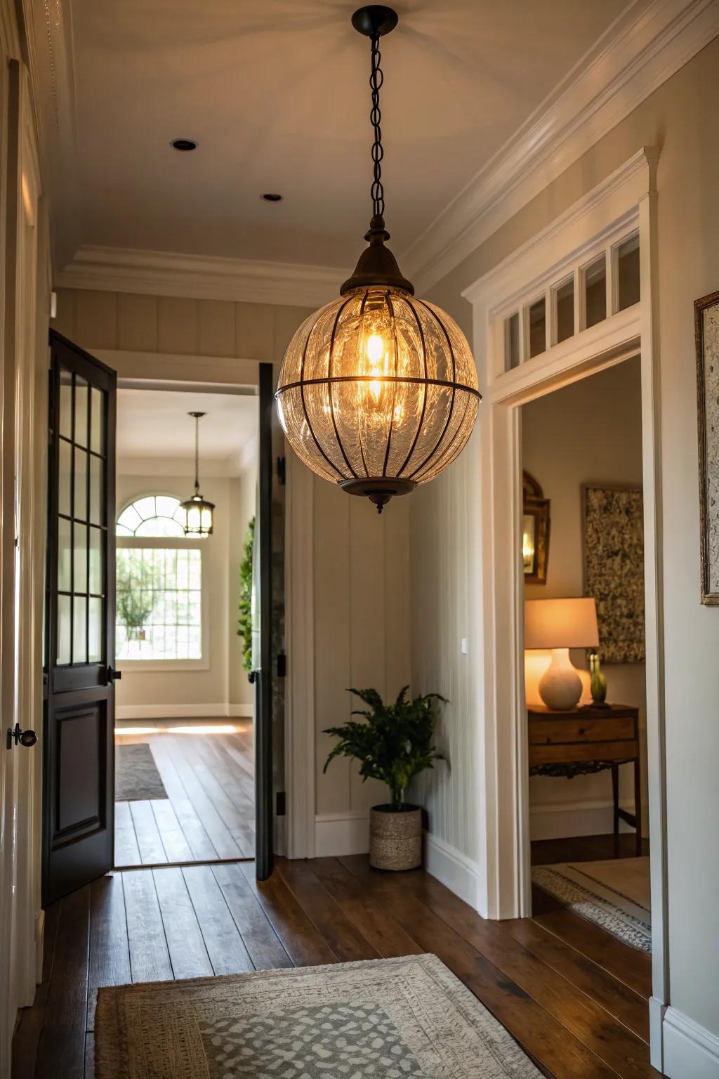 An entryway displays a pendant light using a remarkable bulb design, contributing a dash of playfulness.