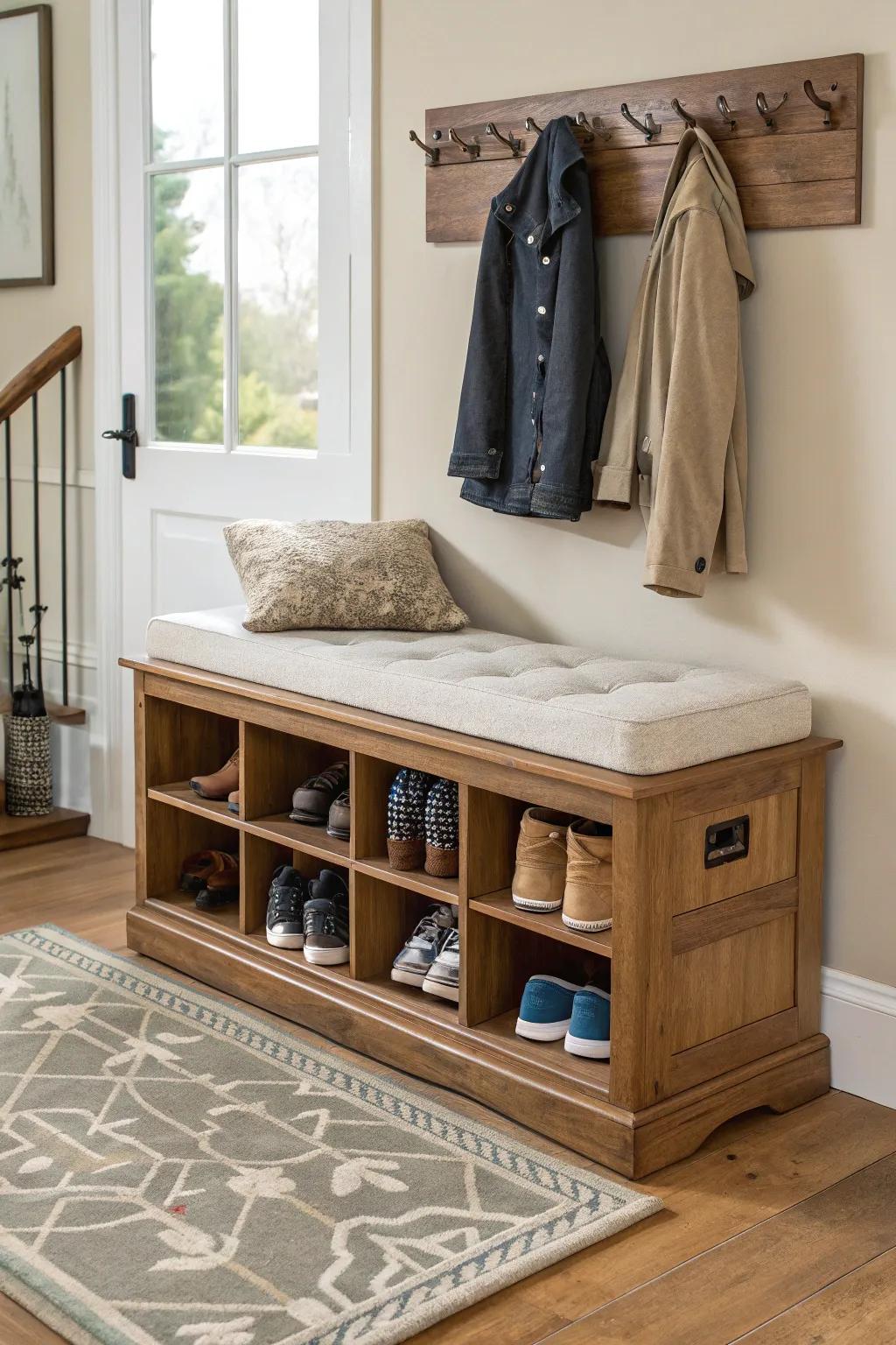 A functional shoe storage bench that also provides seating.