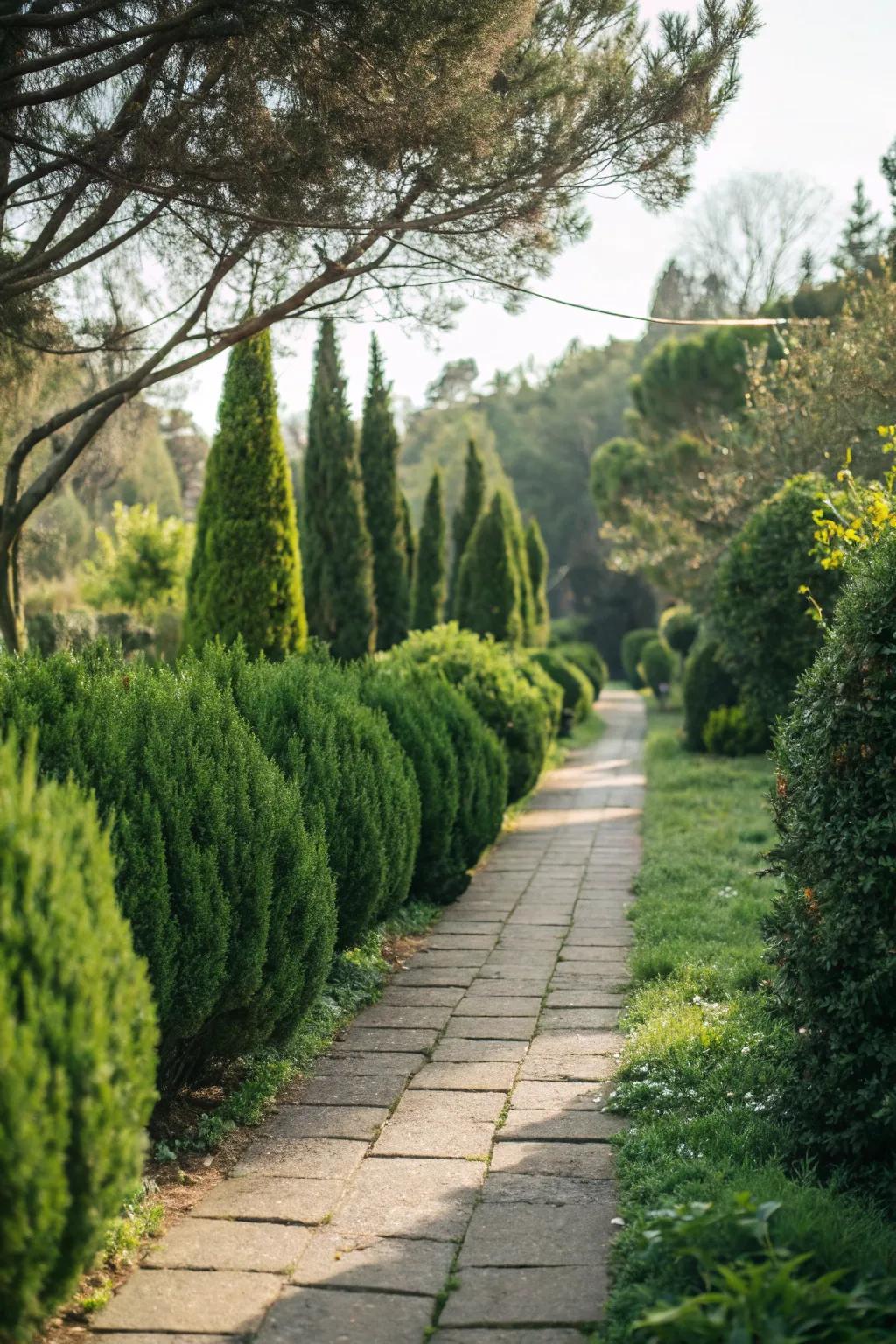 A scenic path edged with accurately aligned evergreen bushes.