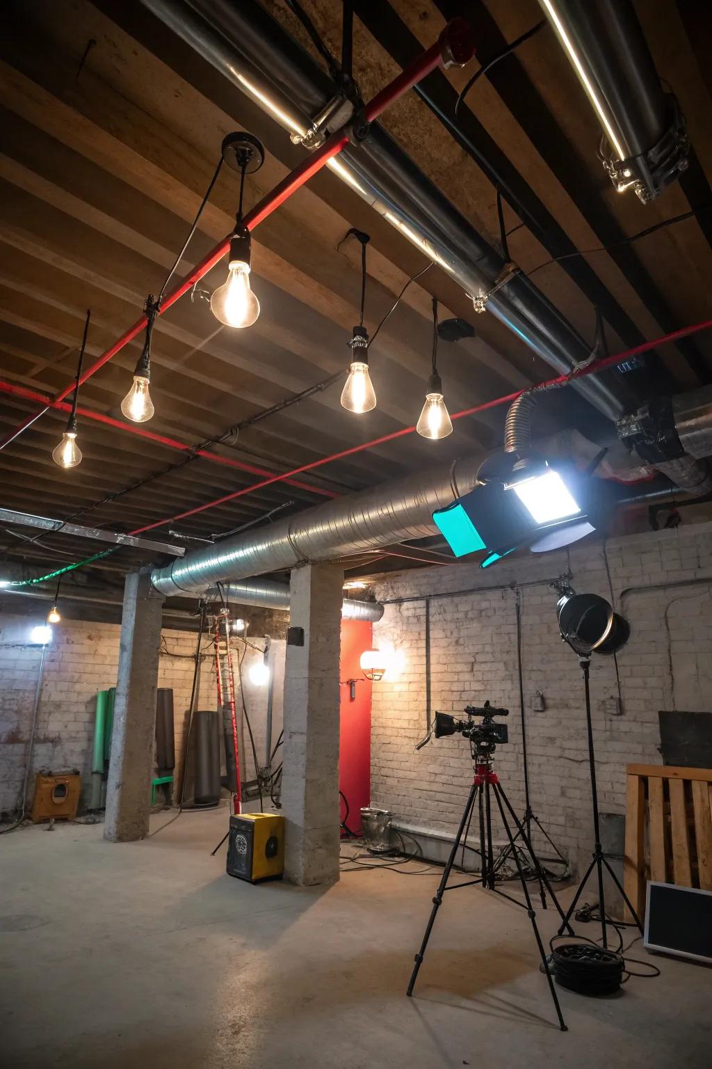 Creative lighting can transform your basement's exposed ceiling into a captivating focal point.