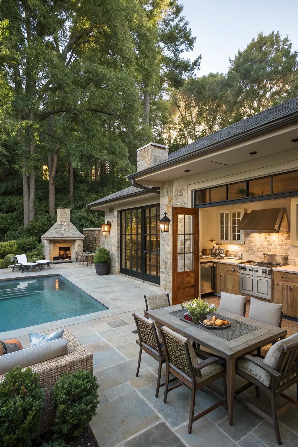 A luxurious outdoor living space with a pool house.